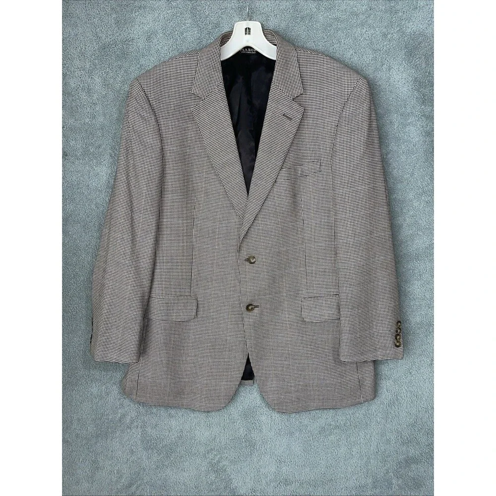 Jos A Banks Blazer Mens 44R‎ Black Silk Wool Houndstooth Plaid Buttons Career
